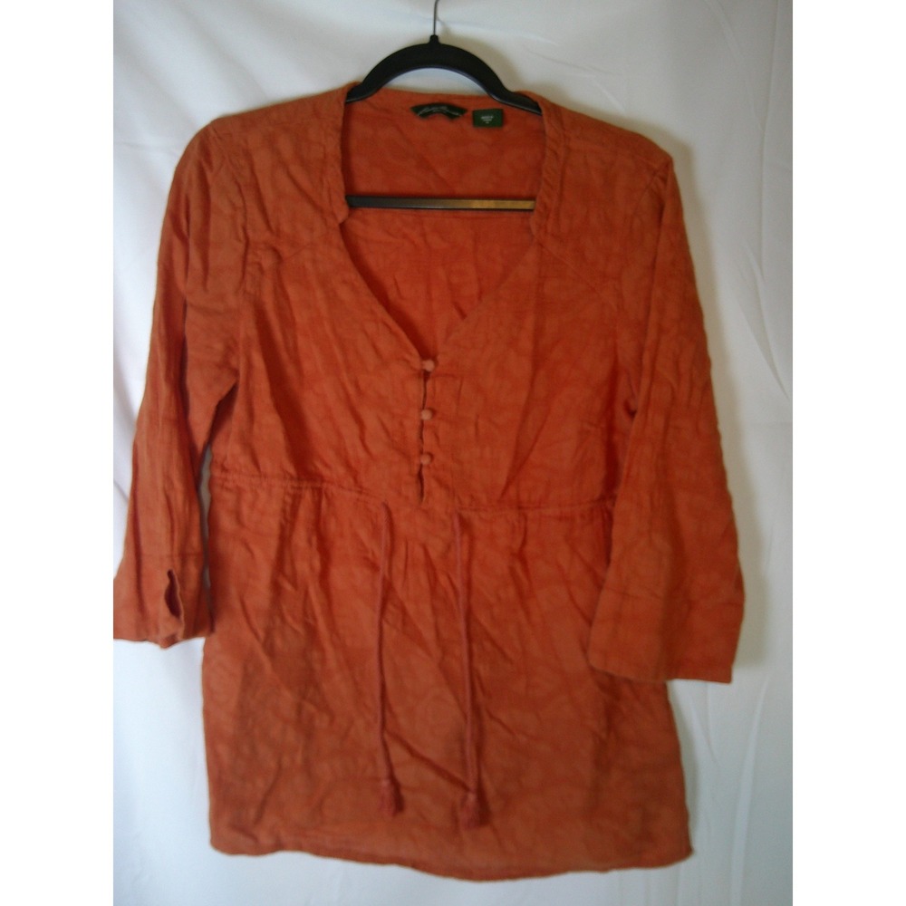 Eddie Bauer Womens Orange Boho Floral Jacquard Tunic Blouse Drawstring Waist‎ M